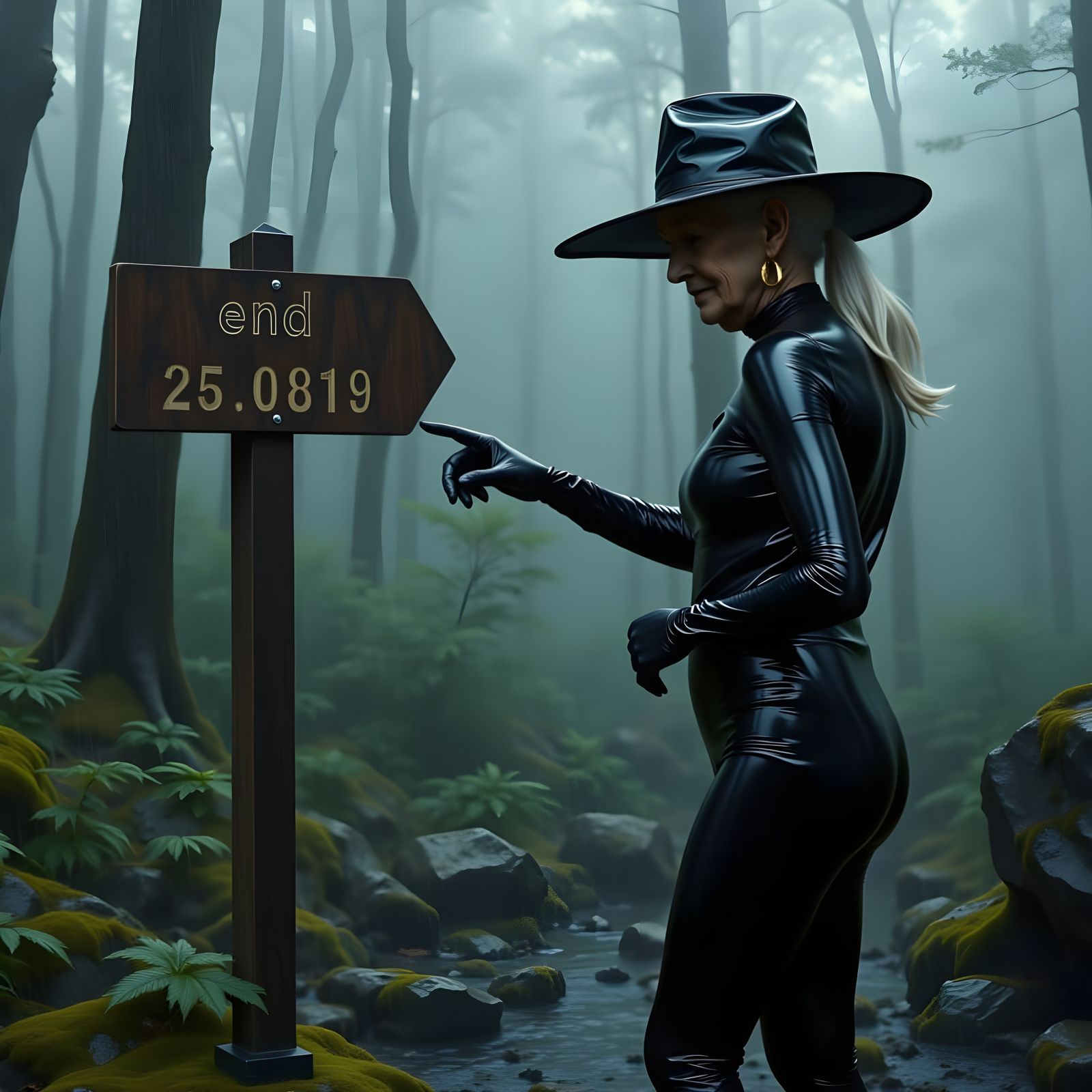 Elderly Woman in PVC Catsuit Points at Forest Sign