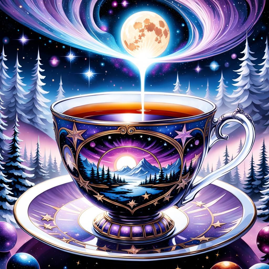 Cosmic Tea Cup in Gothic Watercolor Style