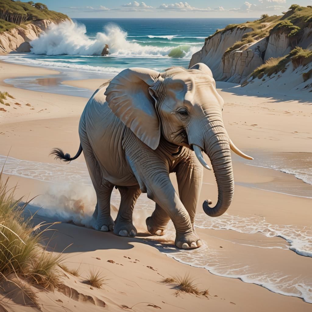 White Elephant Runs on Dreamy Beach, Digital Art
