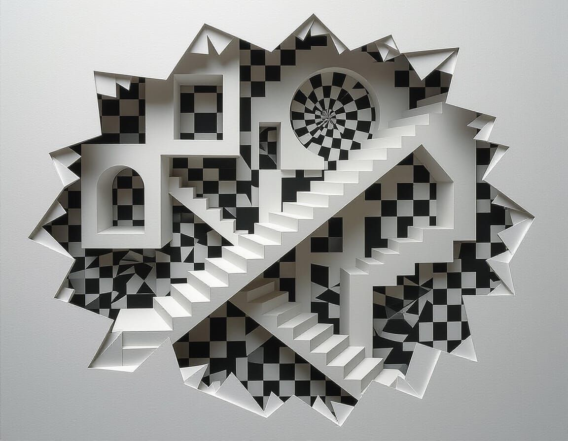 Geometric Origami Diorama in Black and White Style