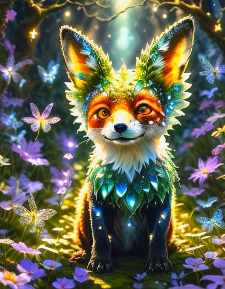Ethereal Fantasy Scene with Glowing Crystals and a Fox