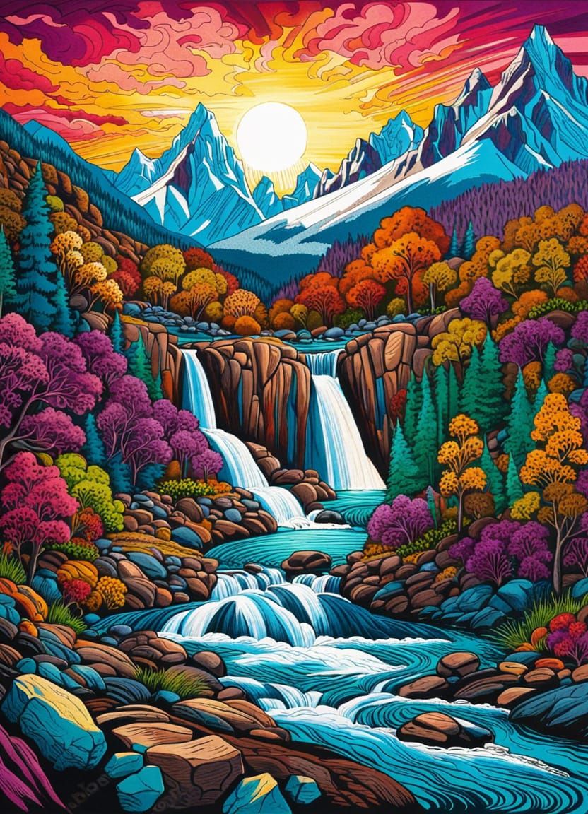 Mountain Waterfall Scene in Ink and Crayon Style