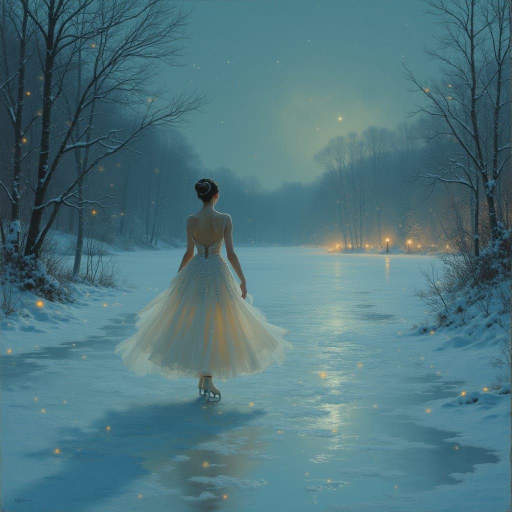 Ethereal Figure Skater Under Starlit Sky with Lanterns