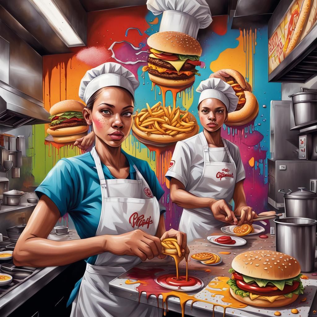 Fast Food Kitchen Staff in Graffiti Street Art