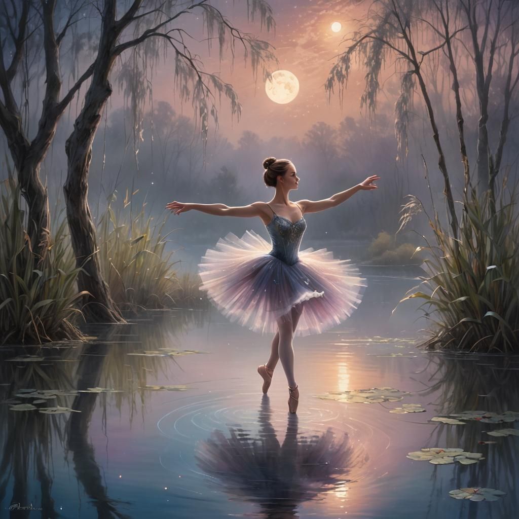 Celestial Ballerina Dancing on Moonlit Lake