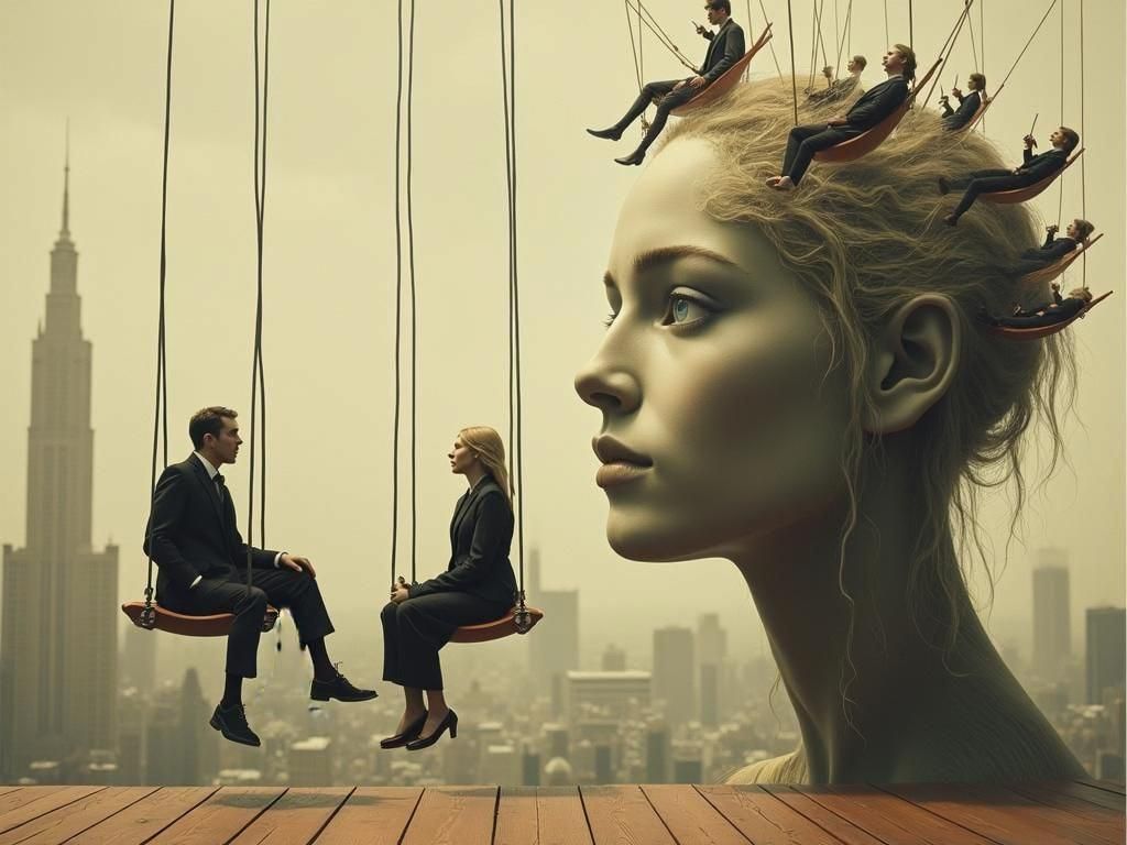 Sepia Cityscape: Swinging Figures in Retro Style