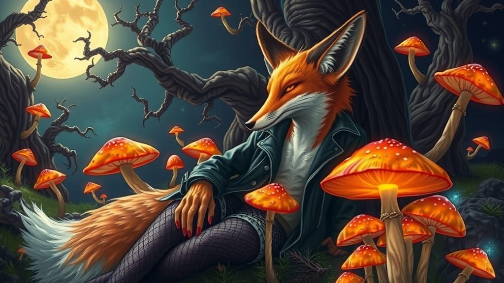 Gothic Fox Lounging in Moonlit Forest