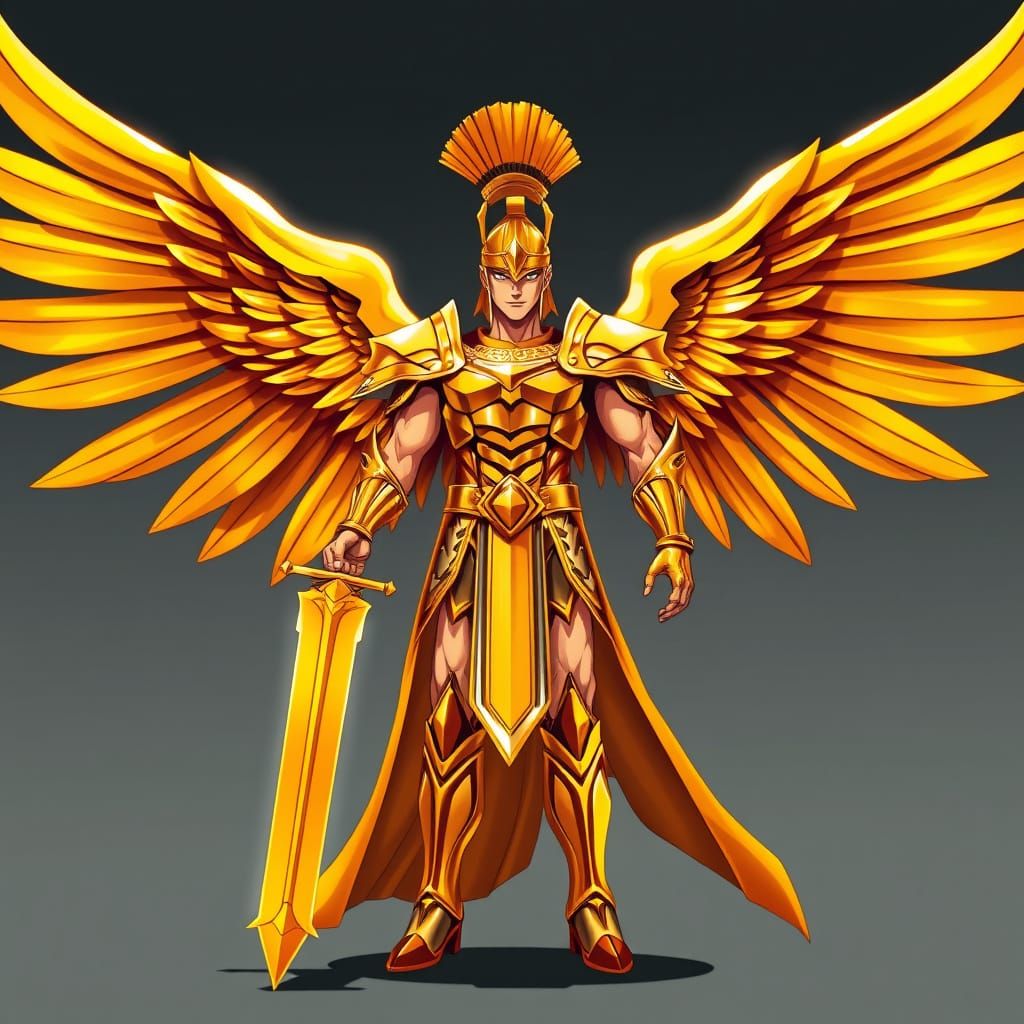 Golden Anime God King with Wings and Sword
