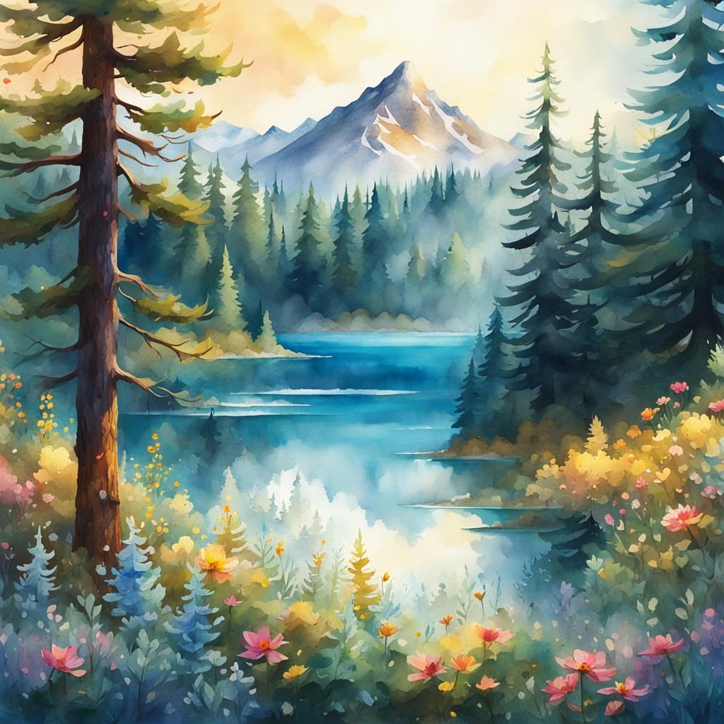 Mountain Lake in Watercolor