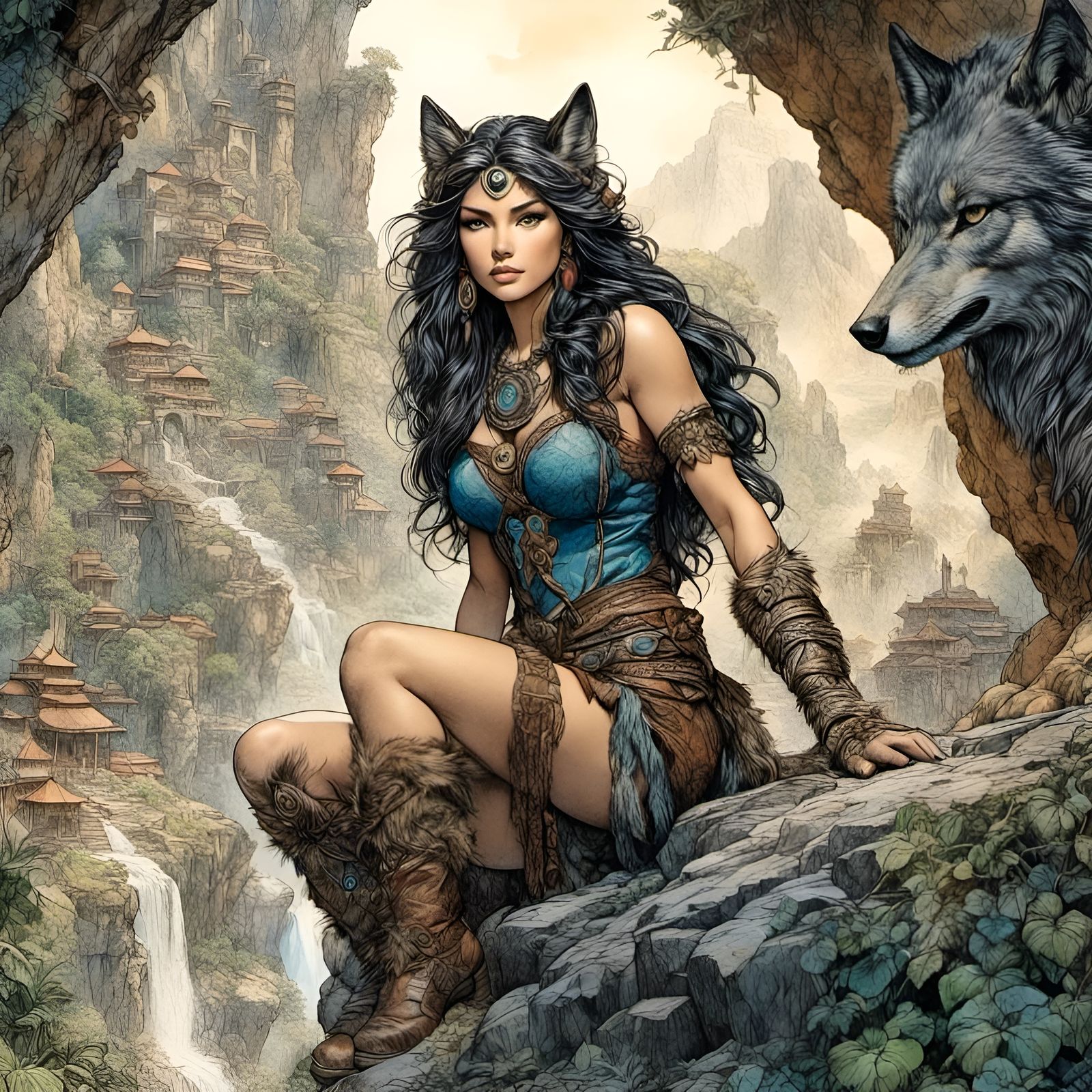 Wolf Warrior Neko Babe in Cave Den