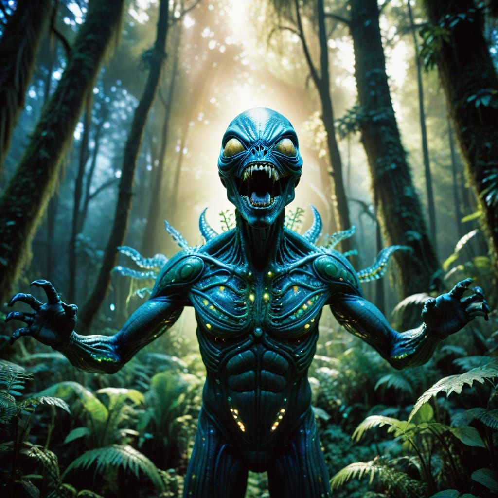 Surreal Alien Shouting Joy in Lush Sanctuary