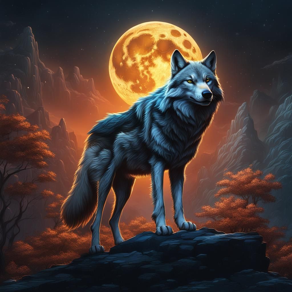 Wolf Howling at Full Moon Fantasy Art