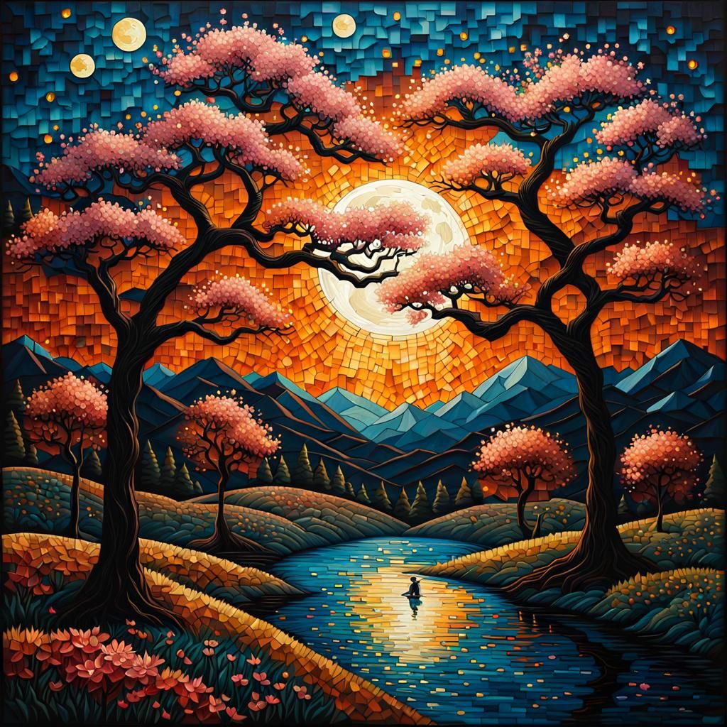 Sakura Trees Landscape in Oil Painting Style