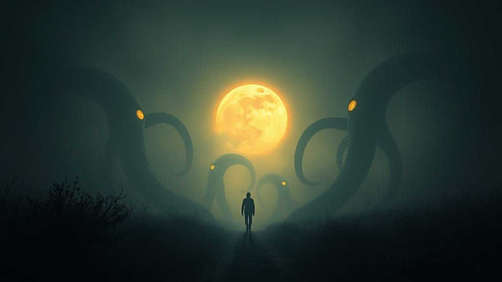 Ethereal Darkness: Glowing Moonlit Path Under Giant Tentacle...