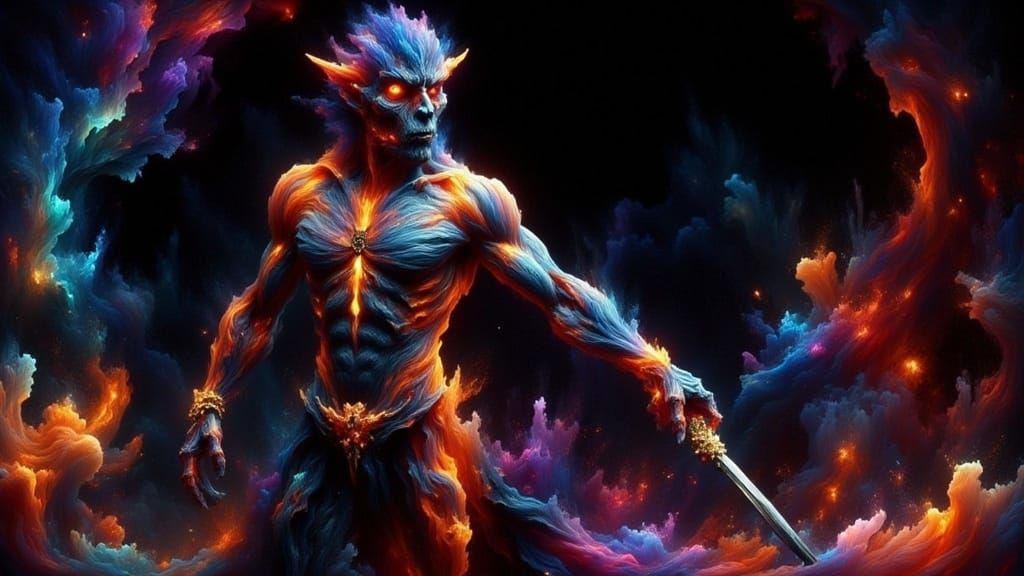 Muscular Fabric Djinn with Scimitar in Cosmic Setting