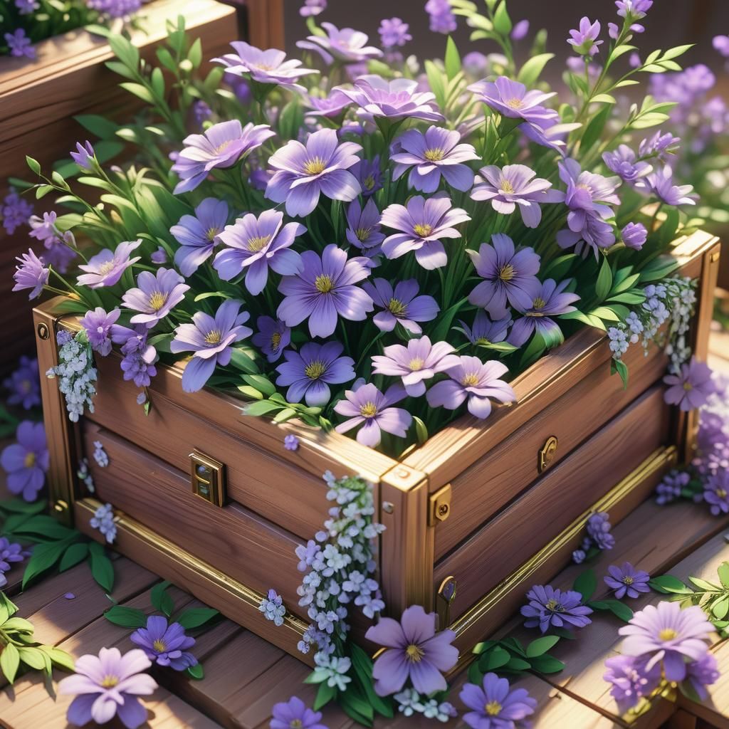 Wooden Box Overflowing with Purple Flowers in 3D Anime Art