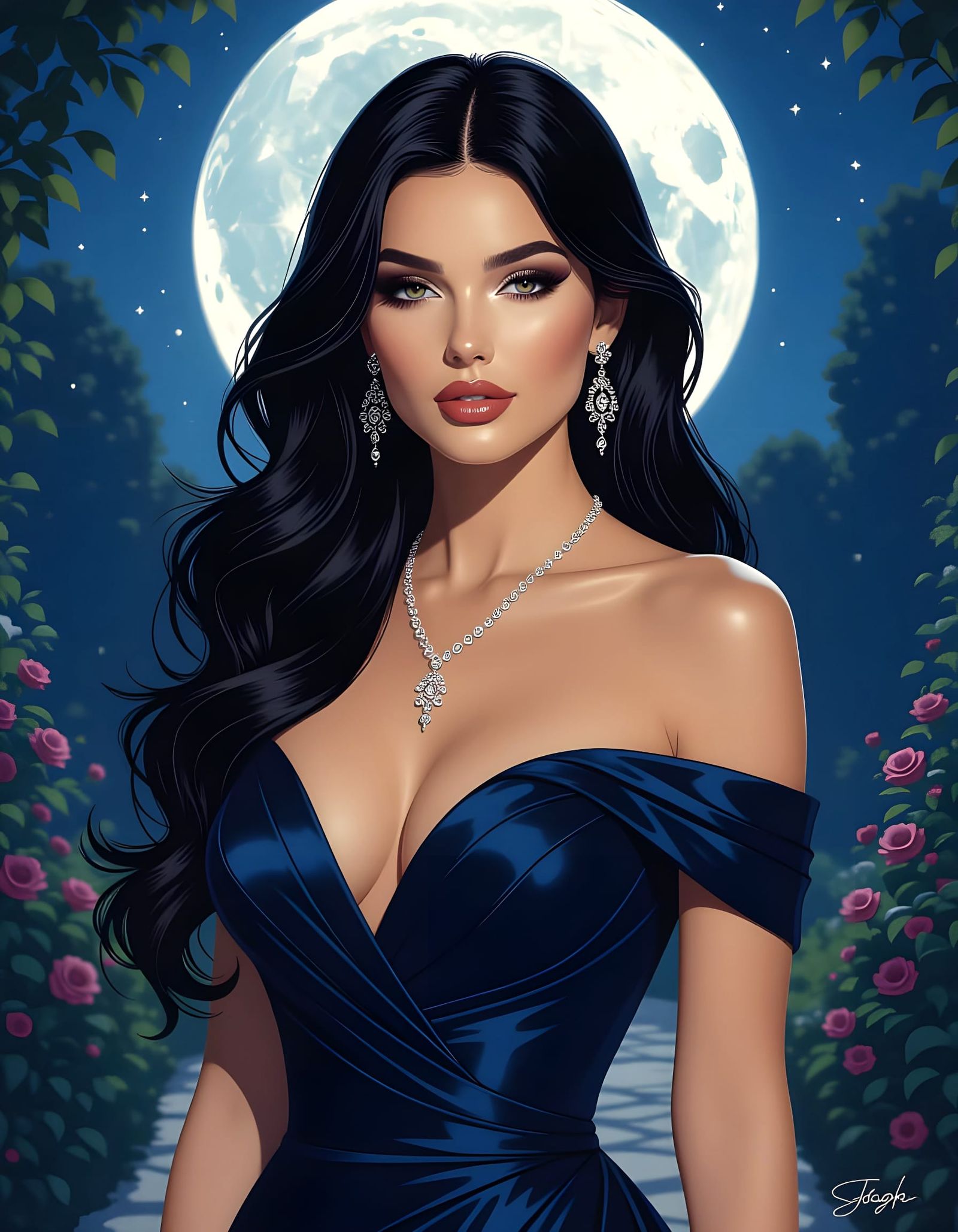 Italian Woman in Moonlit Garden as Chiaroscuro Painting