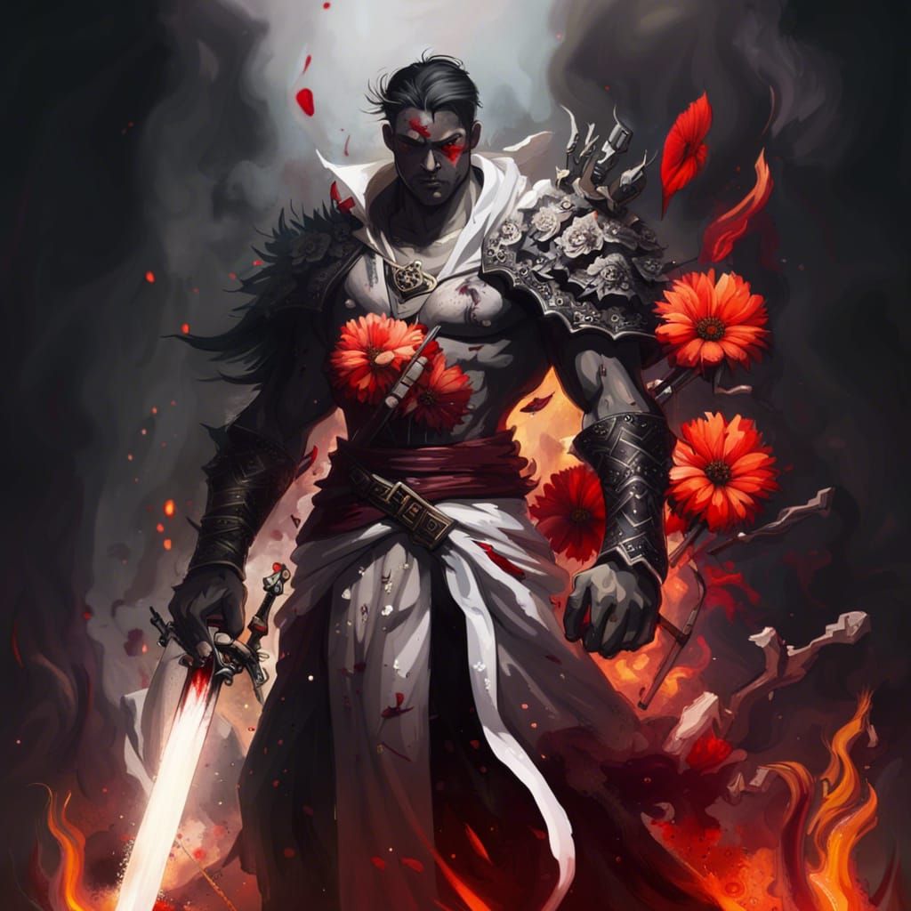 Character with Sword Walking Through Fire