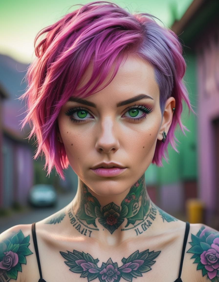 Young Woman with Pink Hair and Tattoos