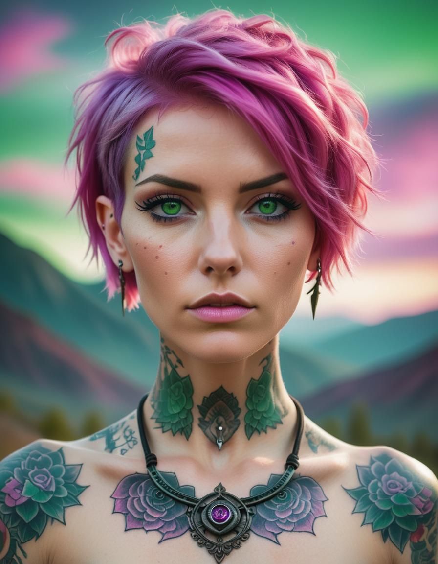Woman with Pink Hair in Dreamlike Setting