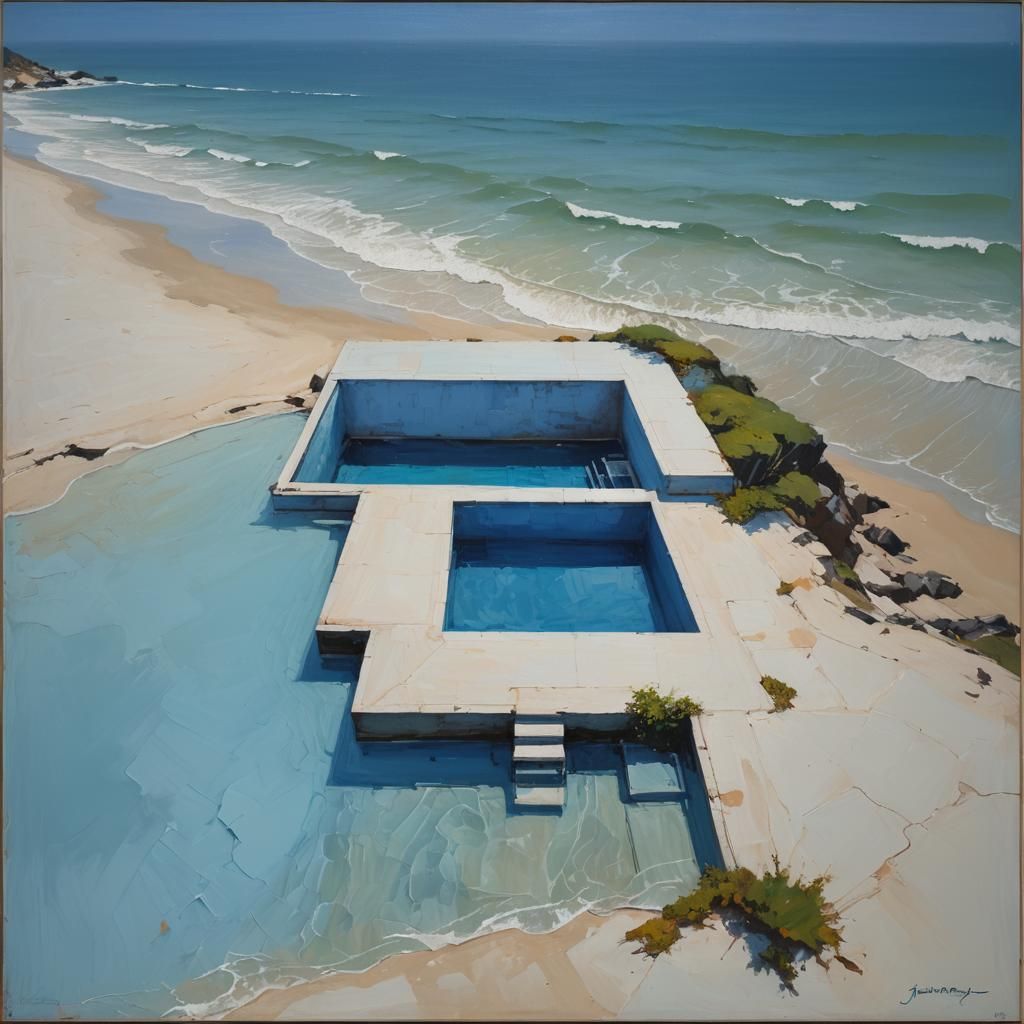 Modern Beach House with Blue Pool: Oil Painting