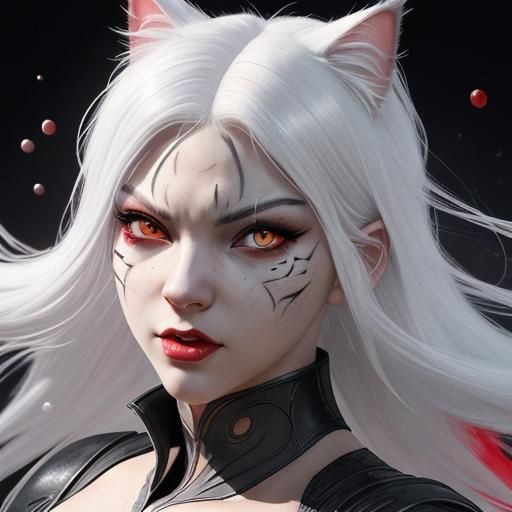 Hyperrealistic Cat-Woman with White Hair and Red Eyes