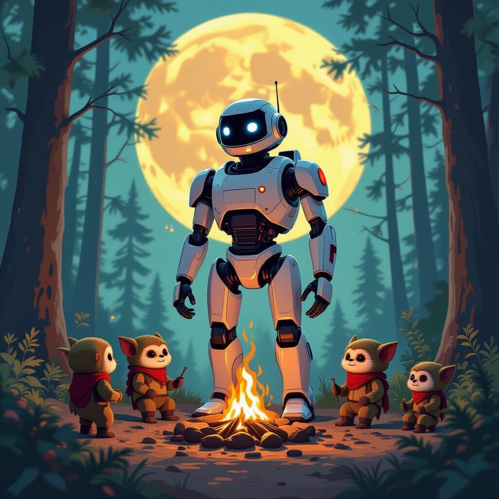 Robot and Ewoks on Endor in Digital Art Style