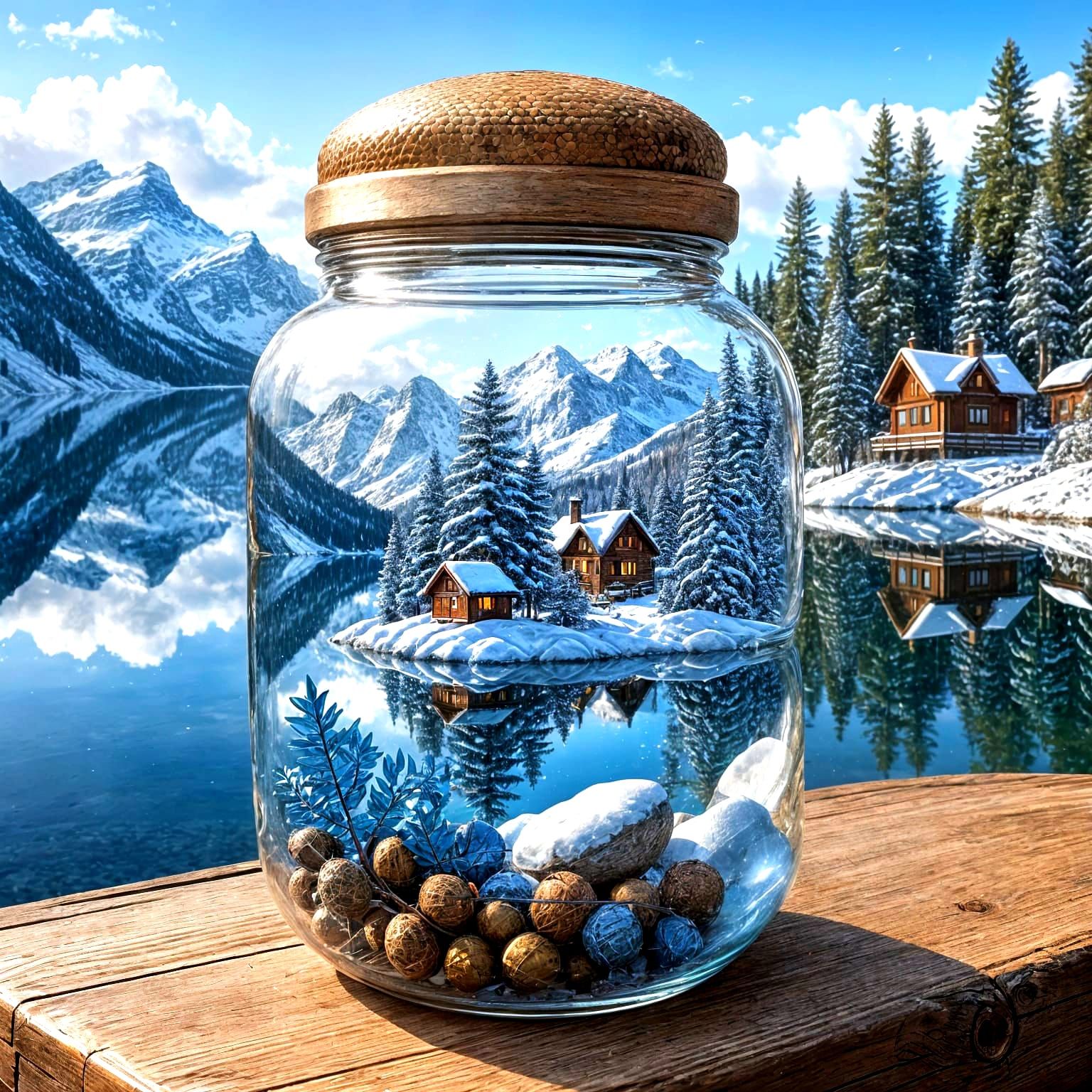 Winter Lake Scene Inside Glass Acorn Jar