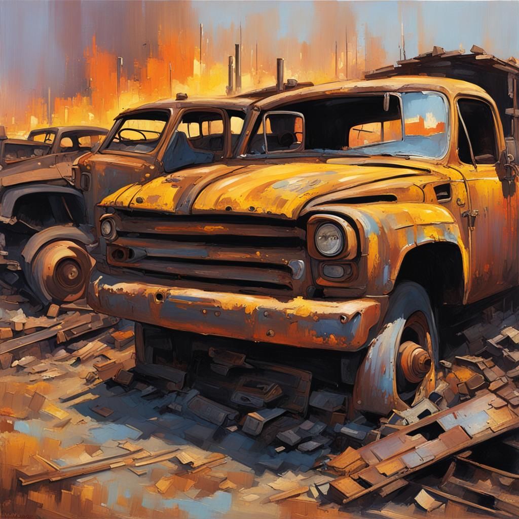 Post-Apocalyptic Junkyard Sunset in Impasto Style