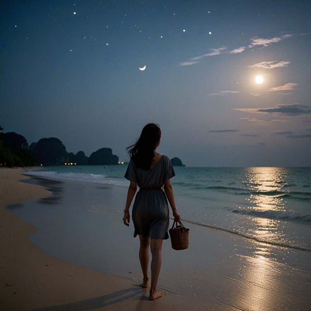 A petite Asian female walking on a moonlit beach in Thailand