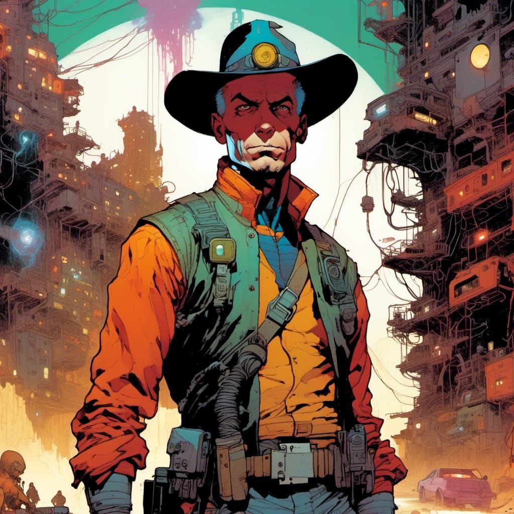 Cyberpunk Space Outlaw in Alien Holographic Village