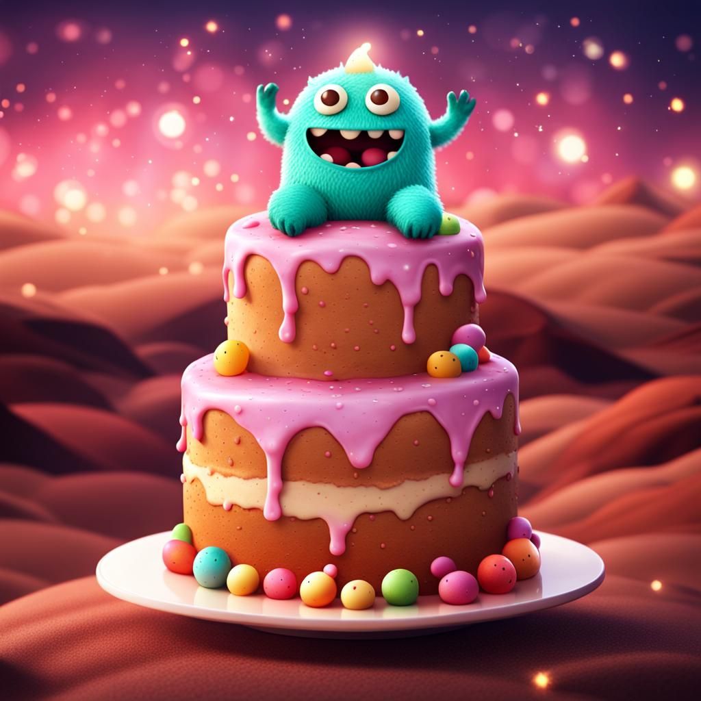 Cute Cake Monster with Magic Glow in Desert