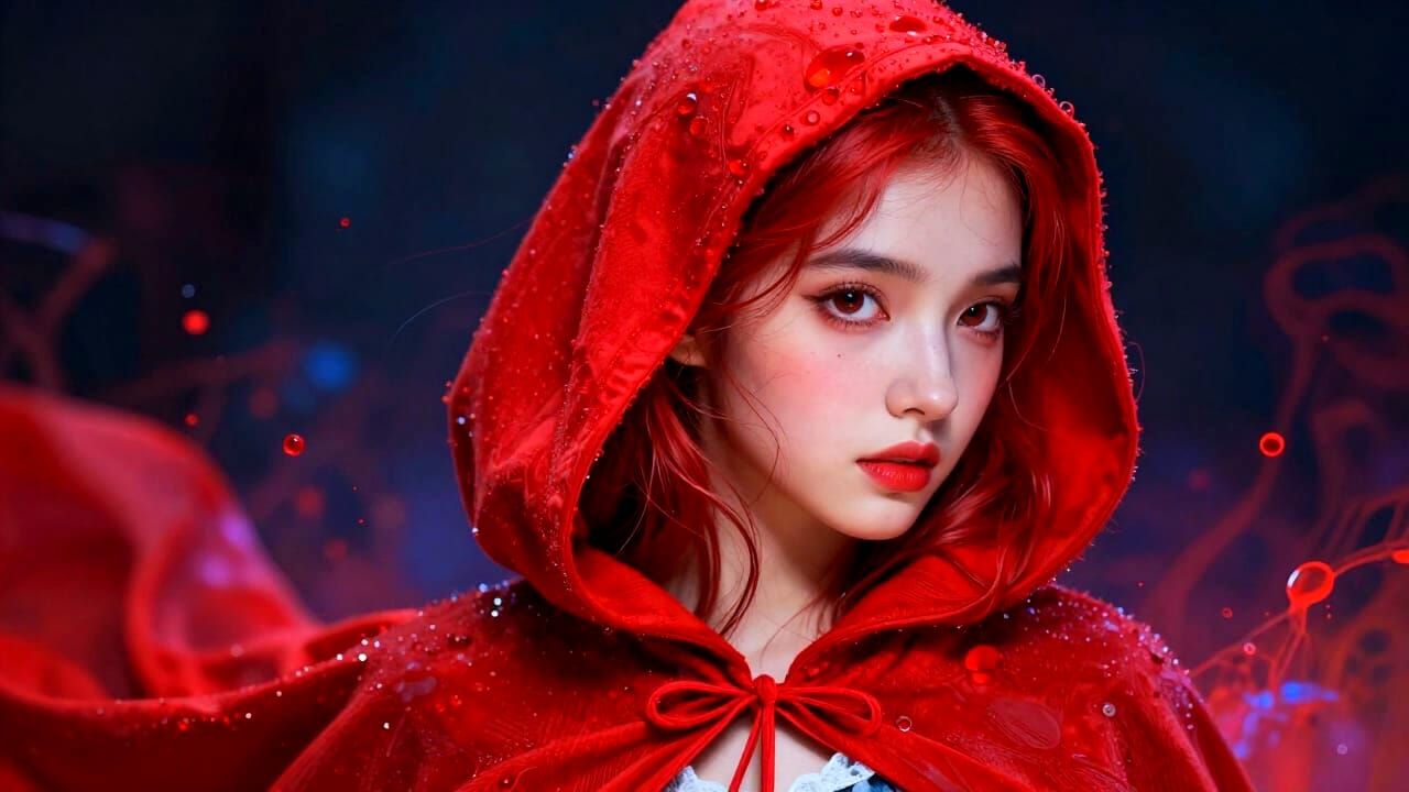 Little Red Riding Hood Close-Up in Ethereal Splash Art Style