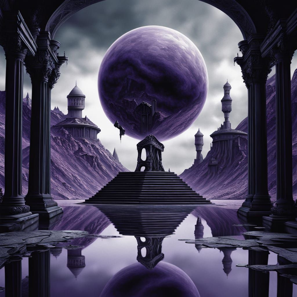 Surreal Fractured Mirror Landscape in H.R. Giger Style