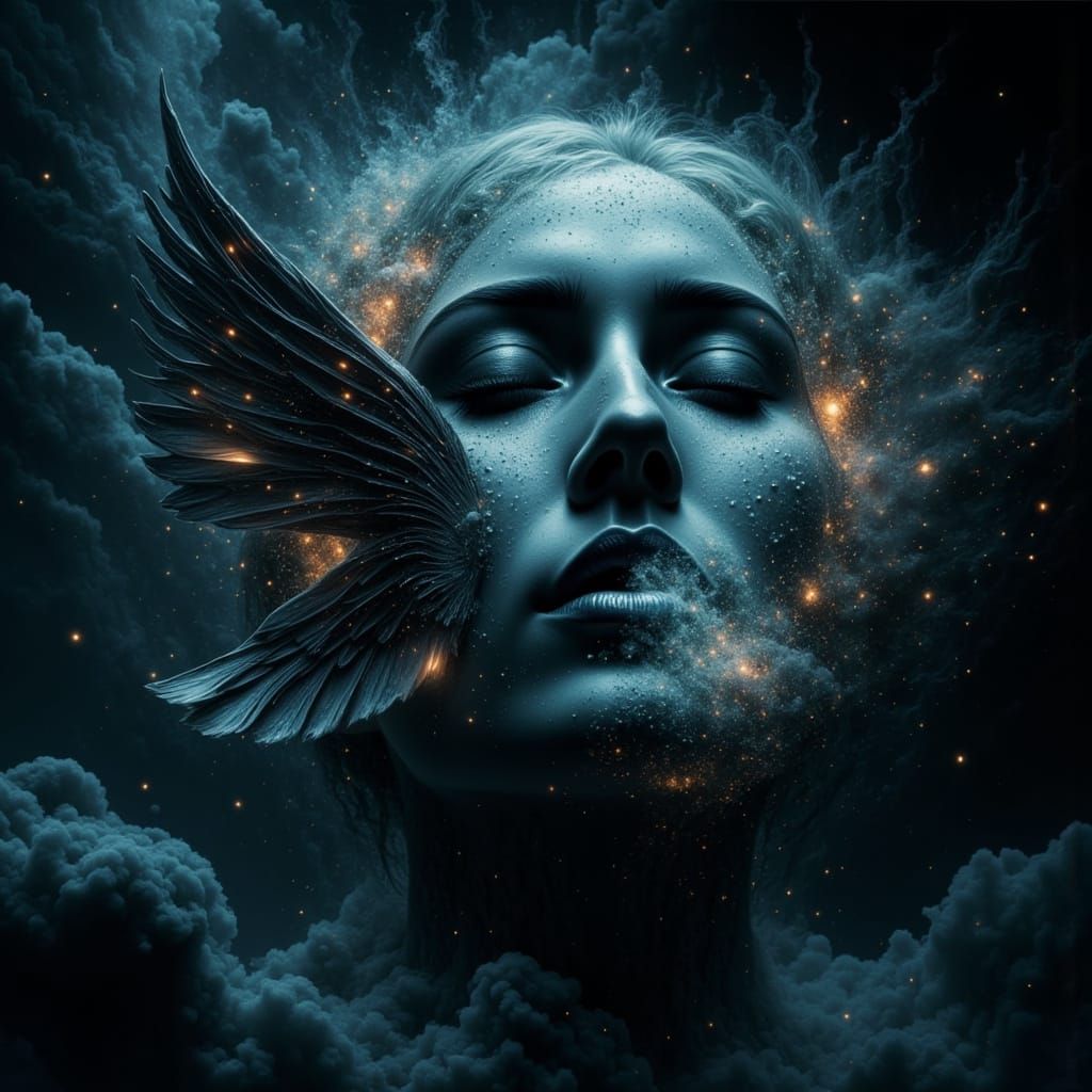 Luminous Lips and Wing in Starry Cosmos