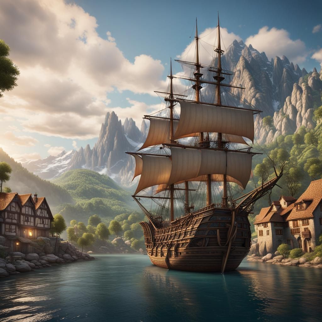 Sailing Ship with Medieval Village, Detailed Matte Painting