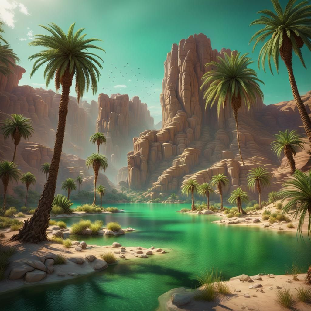 Desert Oasis with Emerald Lake: Fantasy Art