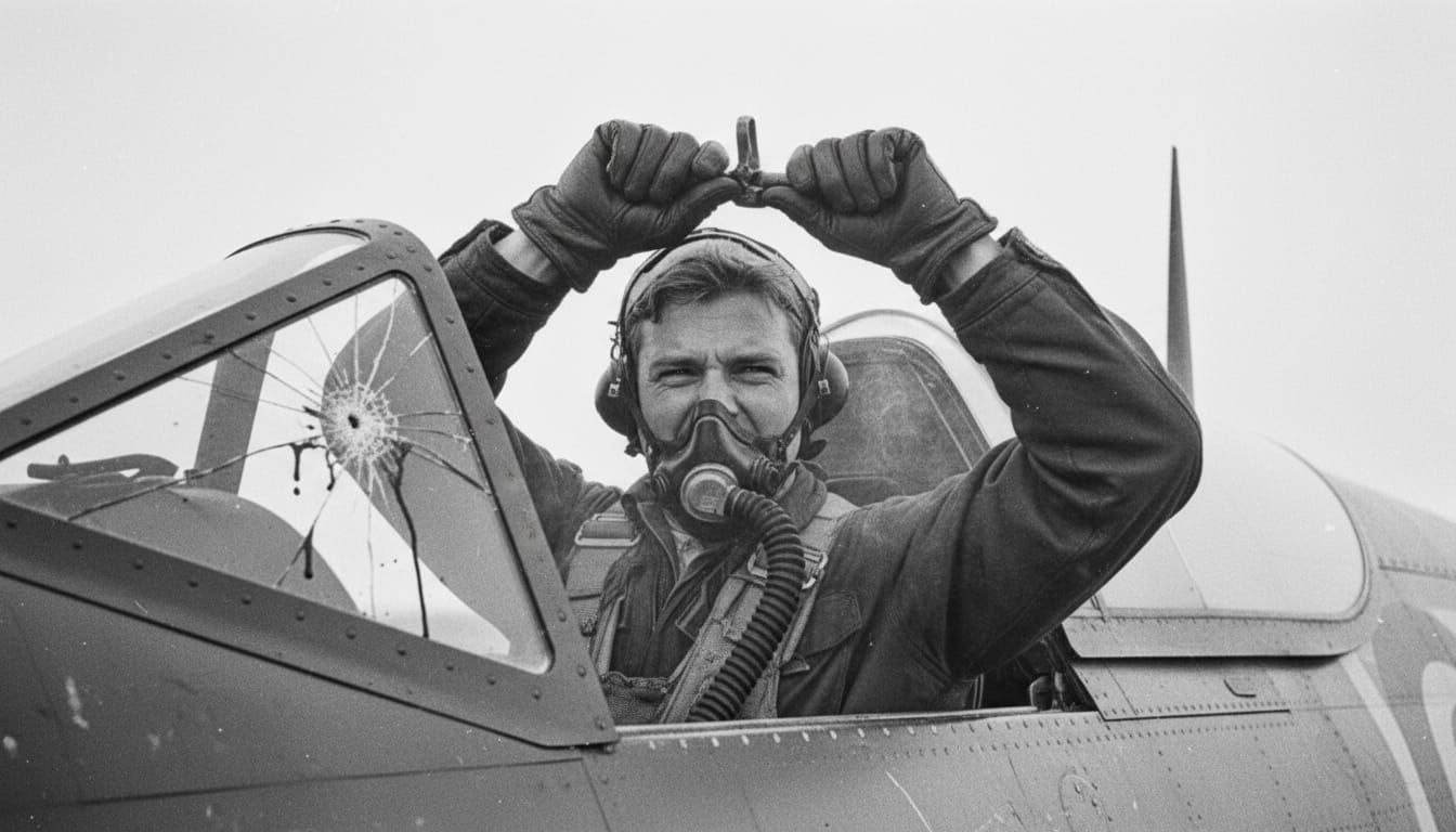 Distressed P-47 Pilot Fights Jammed Canopy in War Photo Styl...
