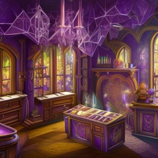 Wizard Crystal Shop with Amethyst Geodes in Fantasy Art