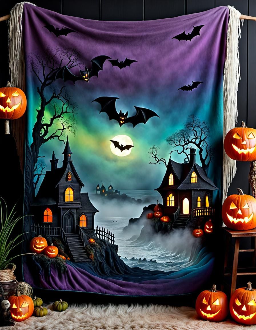 Spooky Haunted Coastal Village with Rainbow Faux Fur