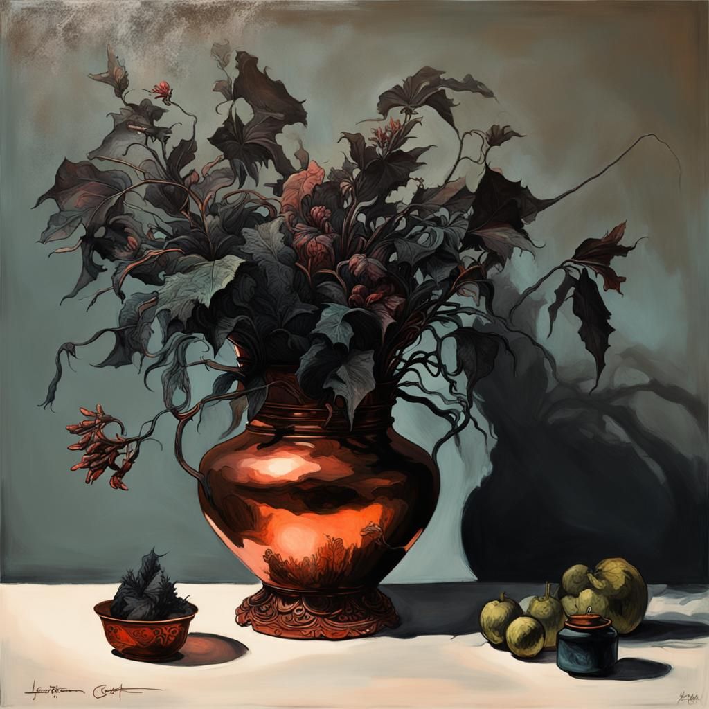 Horrorpunk Still Life: Frozen Plants in Copper Vase