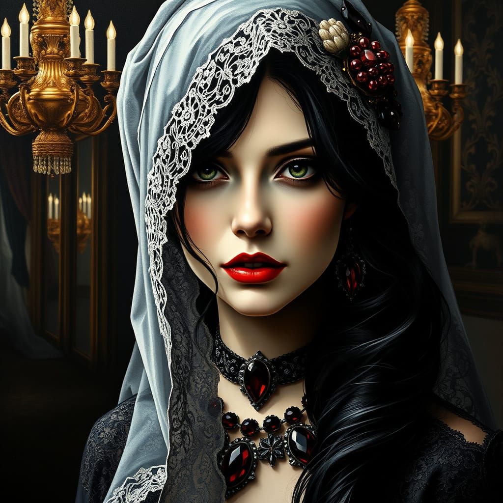 Gothic Queen of Shadows Portrait in Gouache Style