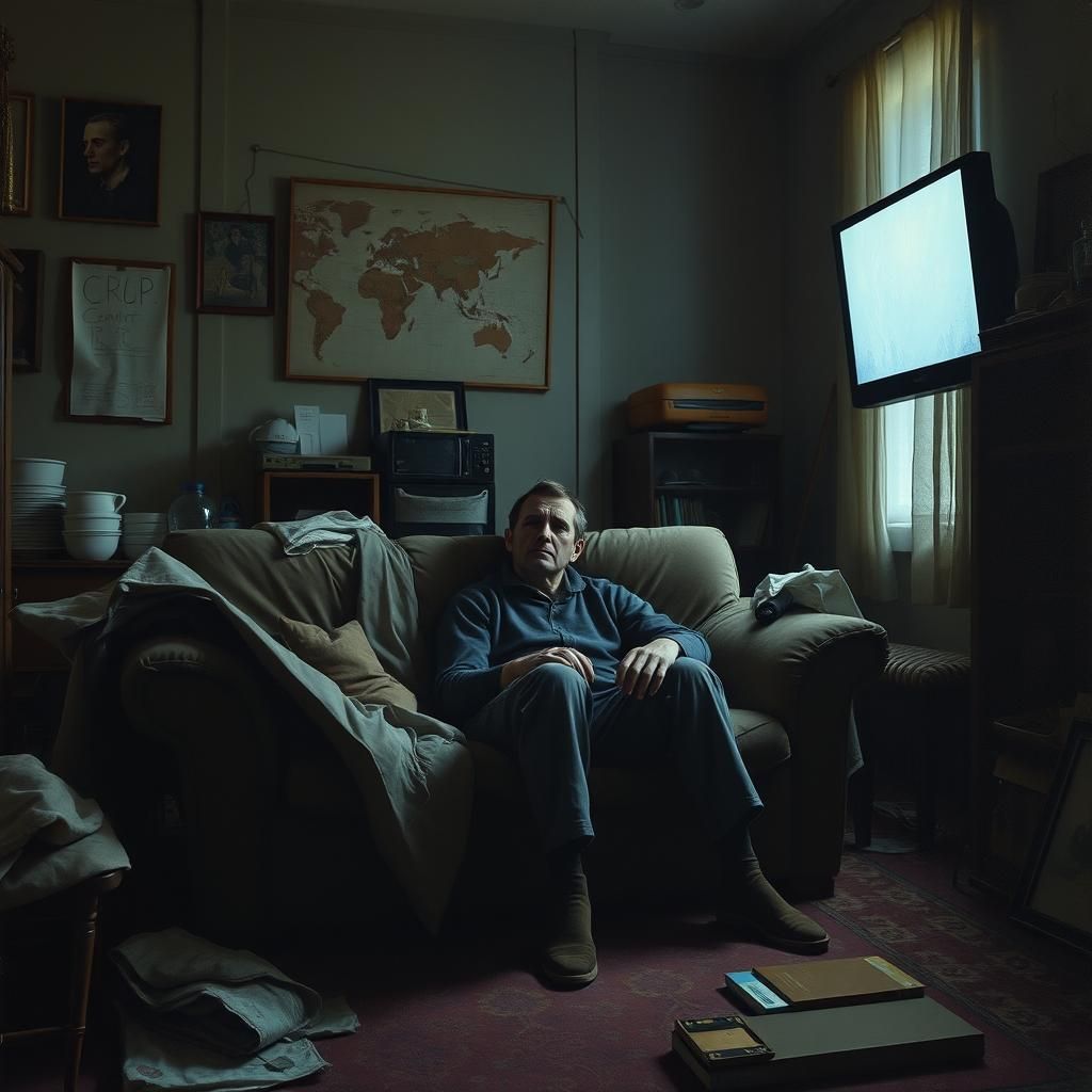 Solitary Man in Dimly Lit Room: Cinematic Oil Painting