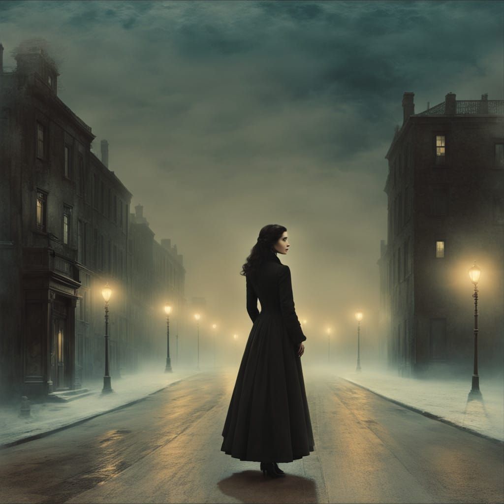 Ethereal Woman in Victorian Mourning Coat on Misty Moonlit S...