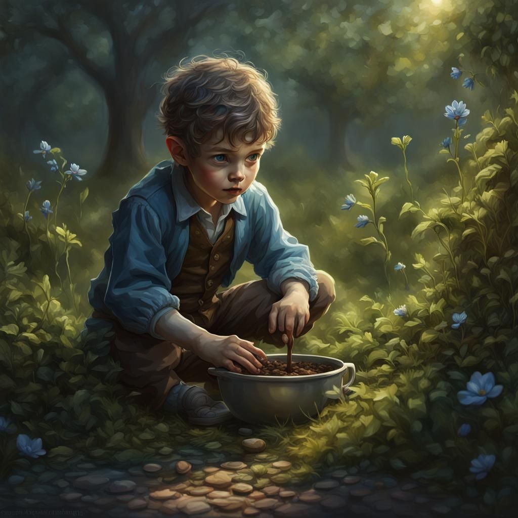 Boy in Meadow Reaches for Sunlight, Dark Fantasy Art