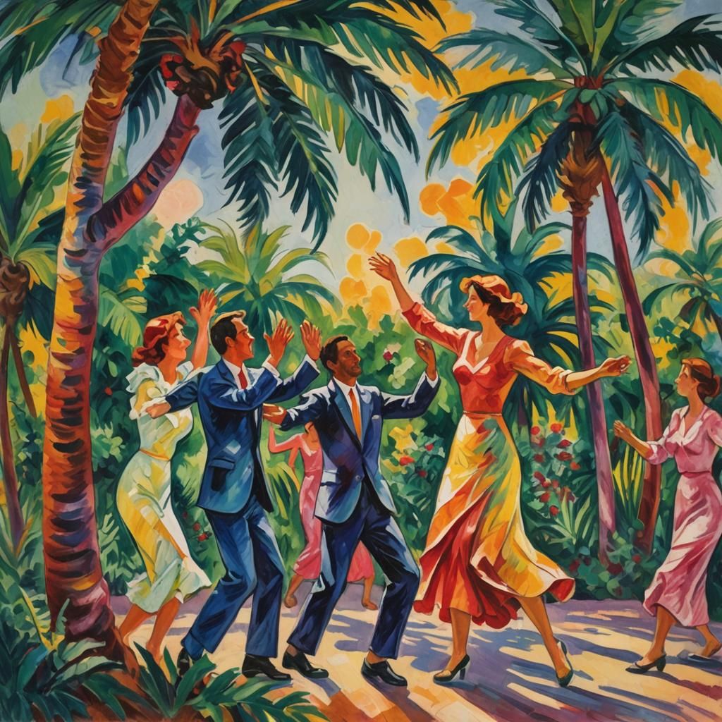 Friends Dancing Under Palm Trees in Fauvist Style