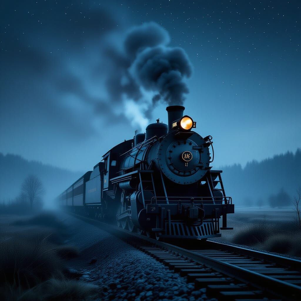 Abandoned Steam Locomotive in Cosmic Foggy Landscape