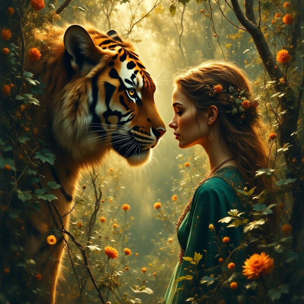 Woman and Tiger in Magical Jungle Clearing