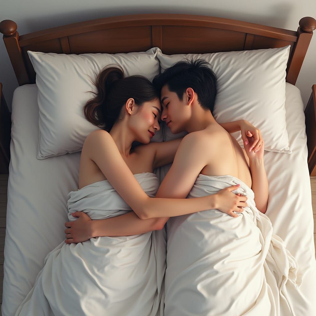 Intimate Couple Embrace in Bed, Painterly Style