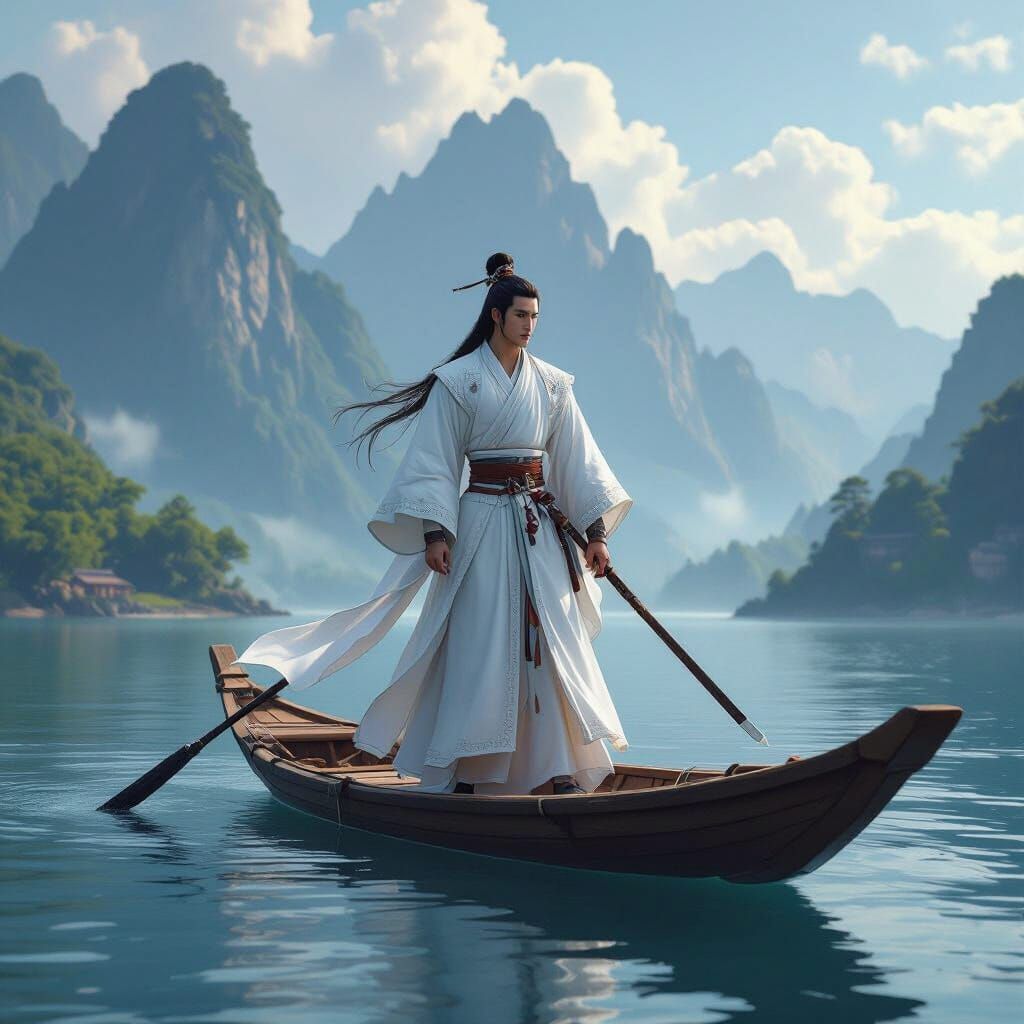 Chinese Swordsman on Lake in Digital Painting Style